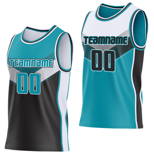 Custom Teal Black-White Side Panel Stripe Geometric V-Cut Color Block Reversible Double Side Sublimation Basketball Set Jersey - Main View