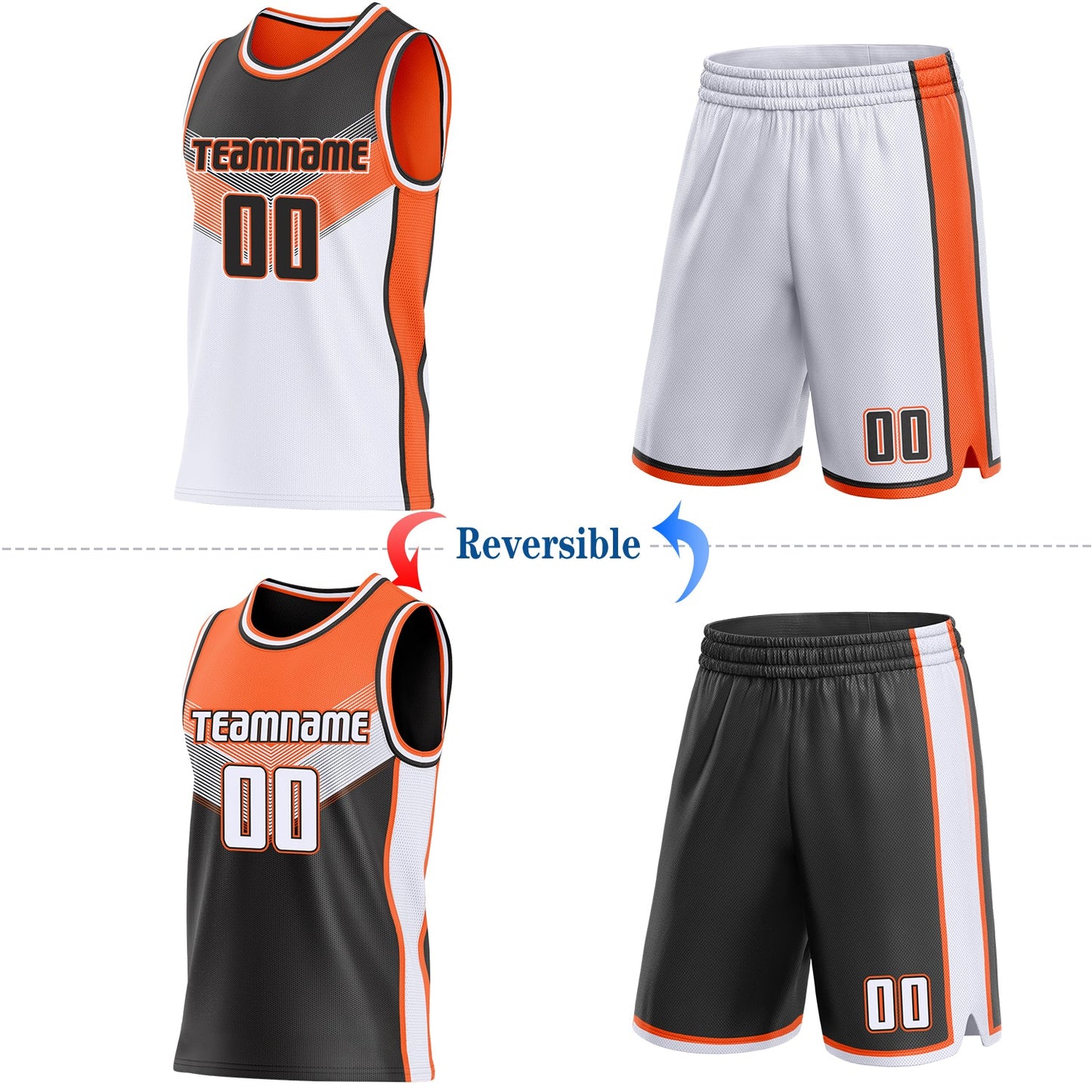 Custom Black White-Orange Side Panel Stripe Geometric V-Cut Color Block Reversible Double Side Sublimation Basketball Set Jersey view 2
