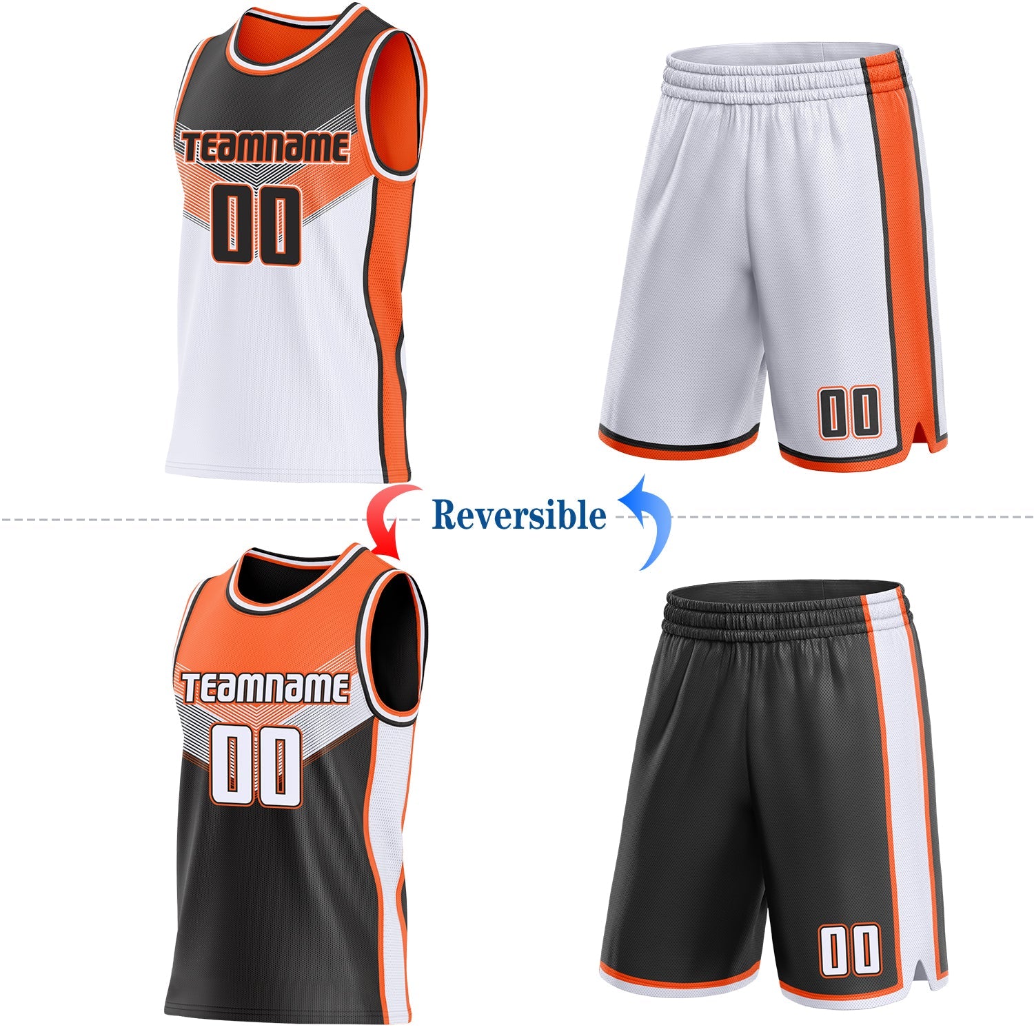 Custom Black White-Orange Side Panel Stripe Geometric V-Cut Color Block Reversible Double Side Sublimation Basketball Set Jersey view 2