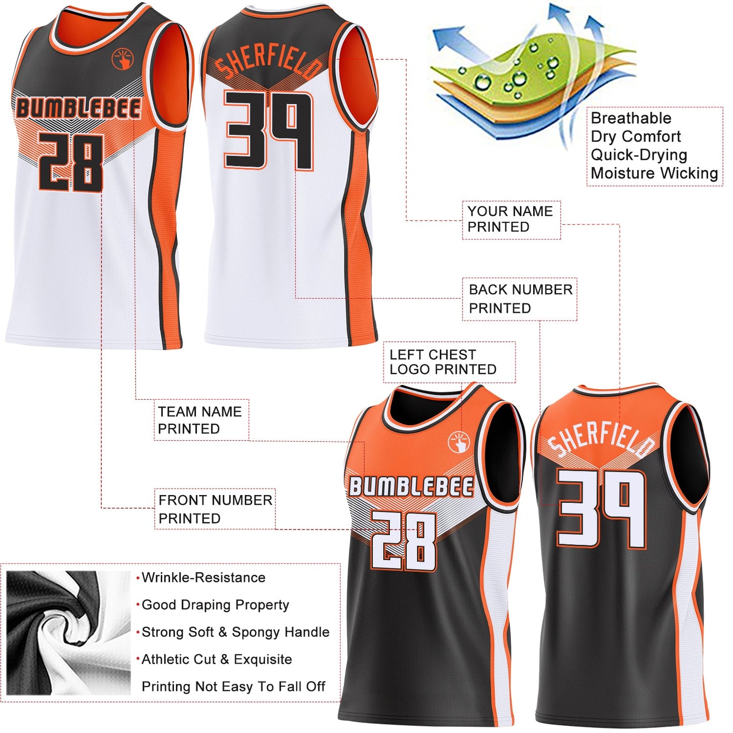 Custom Black White-Orange Side Panel Stripe Geometric V-Cut Color Block Reversible Double Side Sublimation Basketball Set Jersey view 3