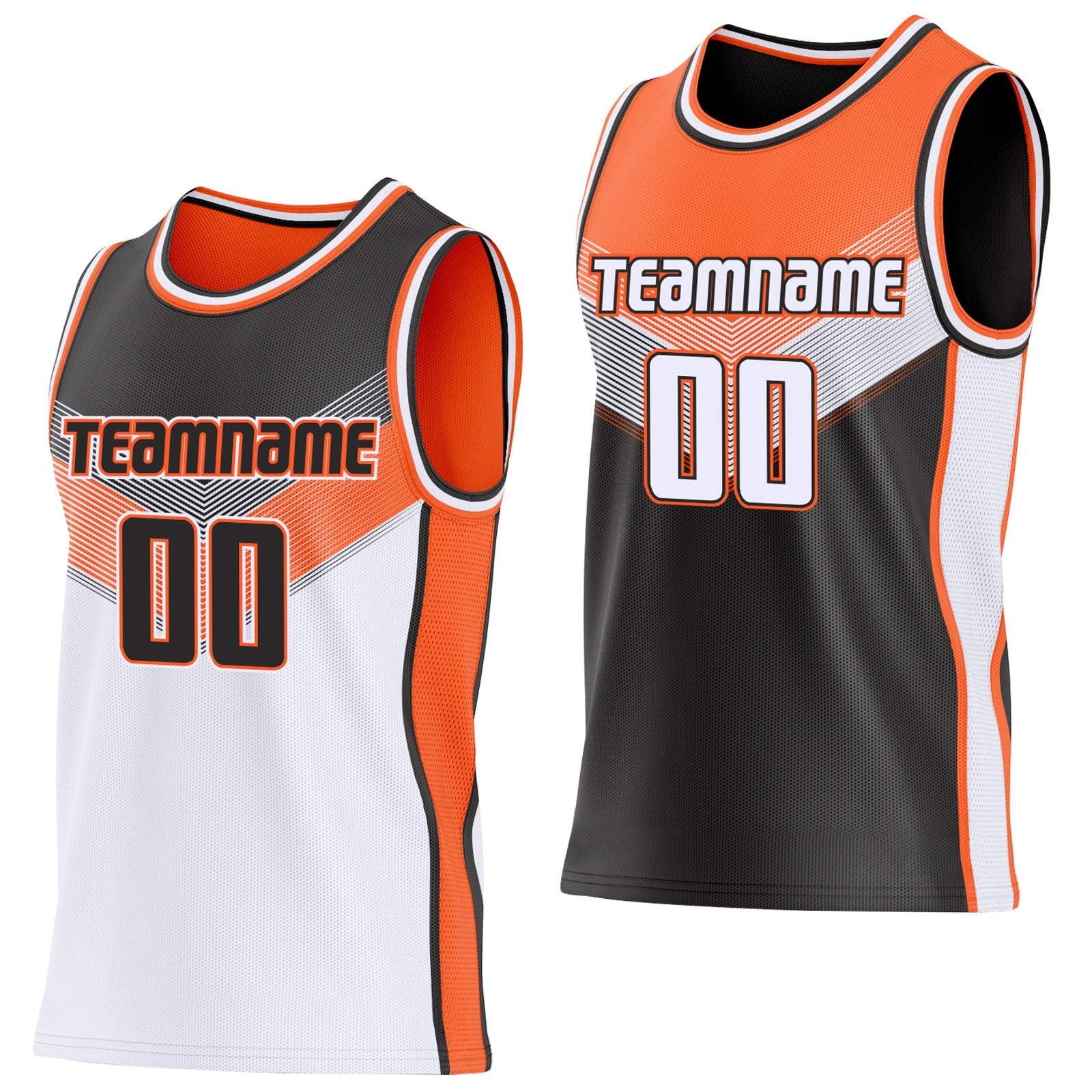 Custom Black White-Orange Side Panel Stripe Geometric V-Cut Color Block Reversible Double Side Sublimation Basketball Set Jersey - Main View