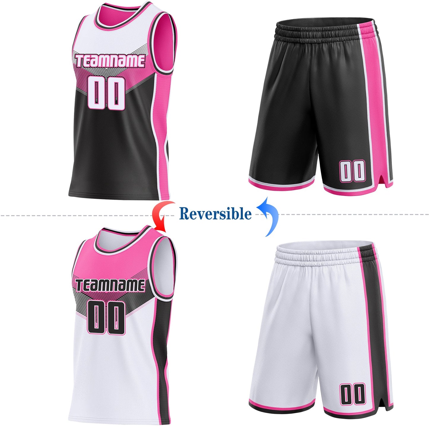 Custom White Black-Pink Side Panel Stripe Geometric V-Cut Color Block Reversible Double Side Sublimation Basketball Set Jersey view 2
