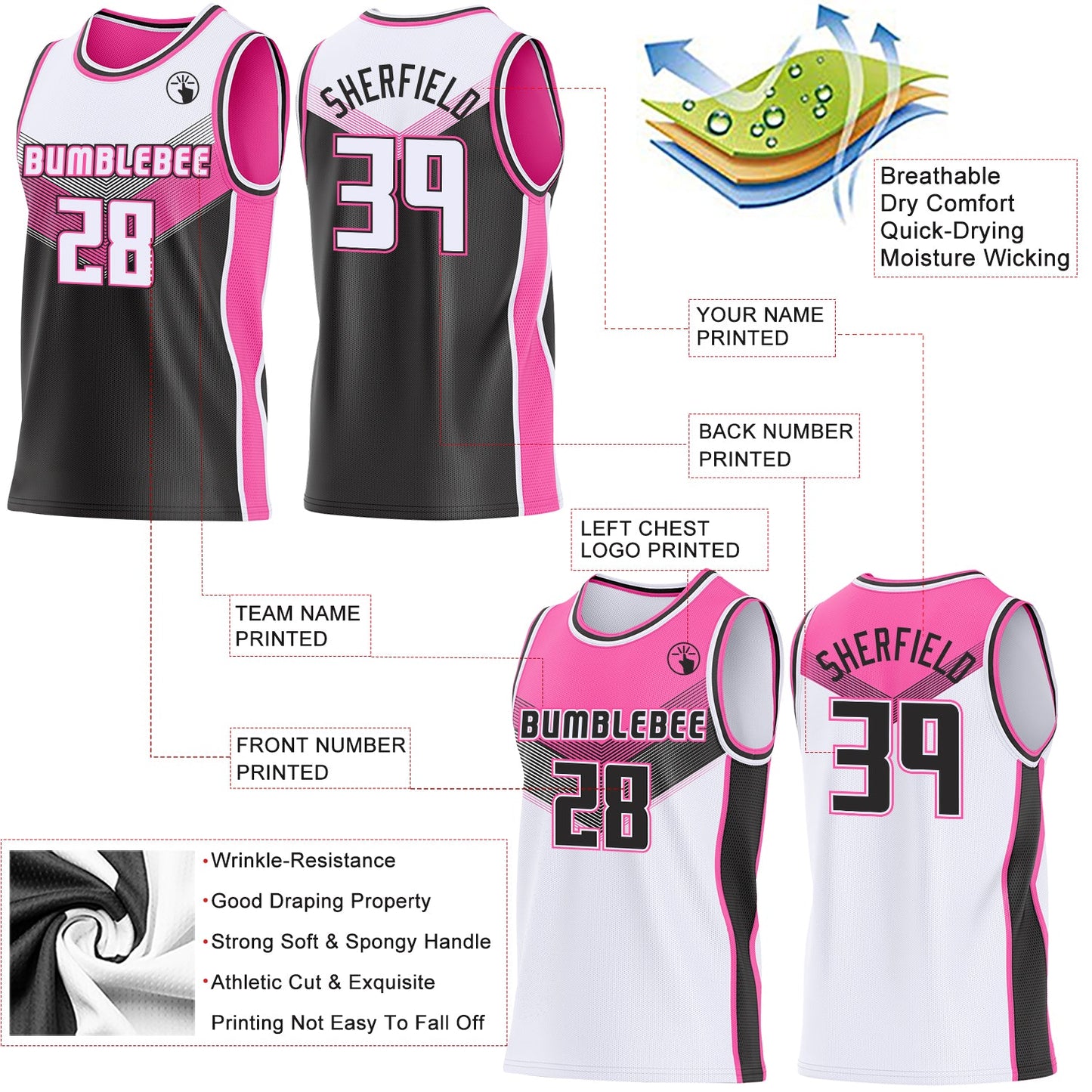 Custom White Black-Pink Side Panel Stripe Geometric V-Cut Color Block Reversible Double Side Sublimation Basketball Set Jersey view 3