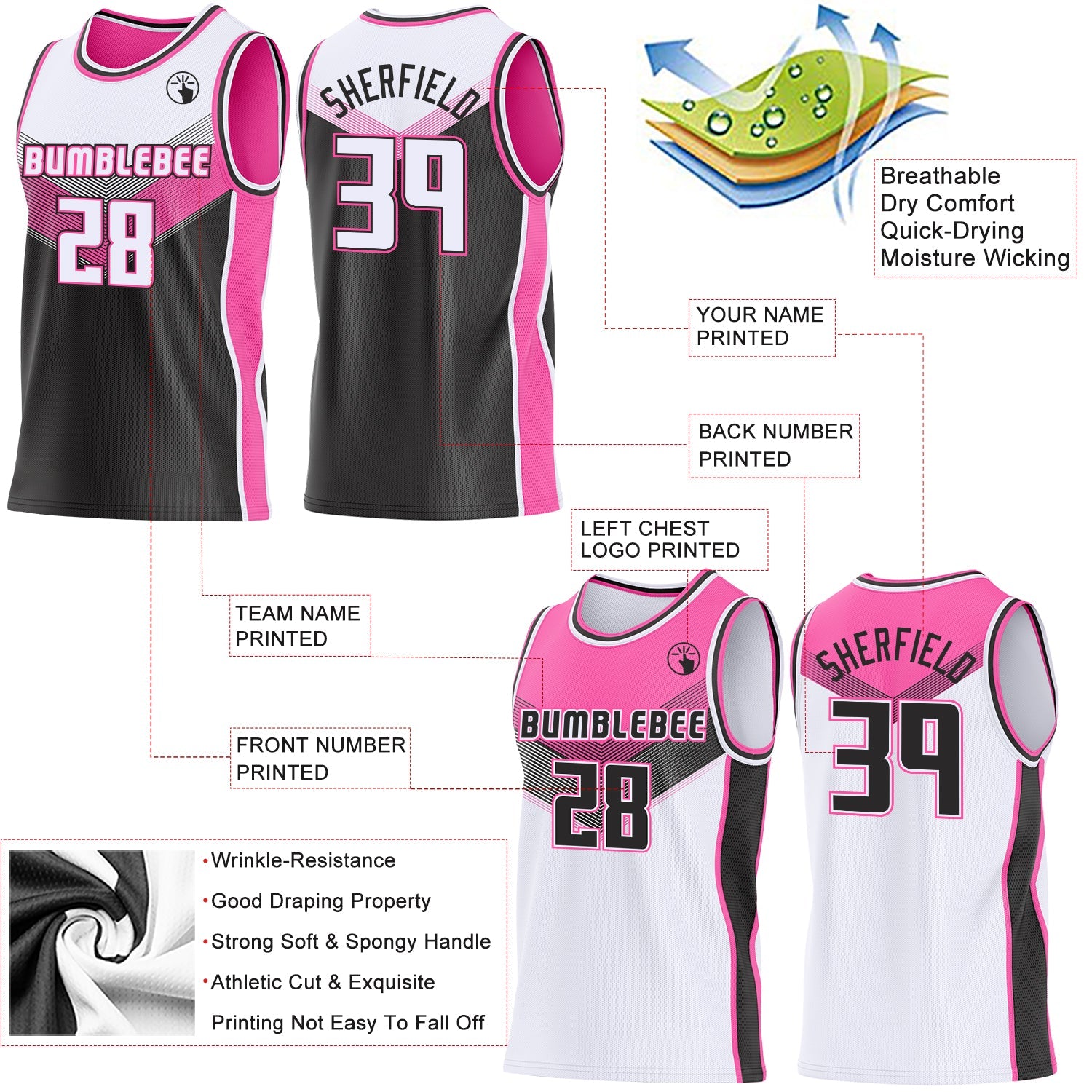 Custom White Black-Pink Side Panel Stripe Geometric V-Cut Color Block Reversible Double Side Sublimation Basketball Set Jersey view 3