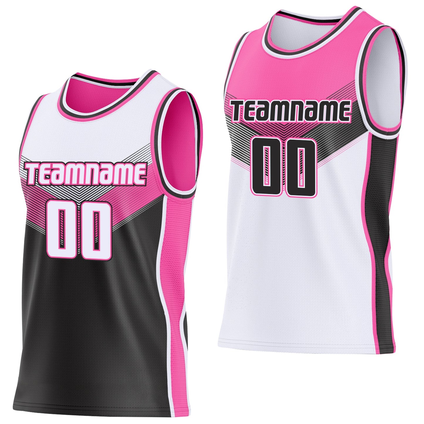 Custom White Black-Pink Side Panel Stripe Geometric V-Cut Color Block Reversible Double Side Sublimation Basketball Set Jersey - Main View