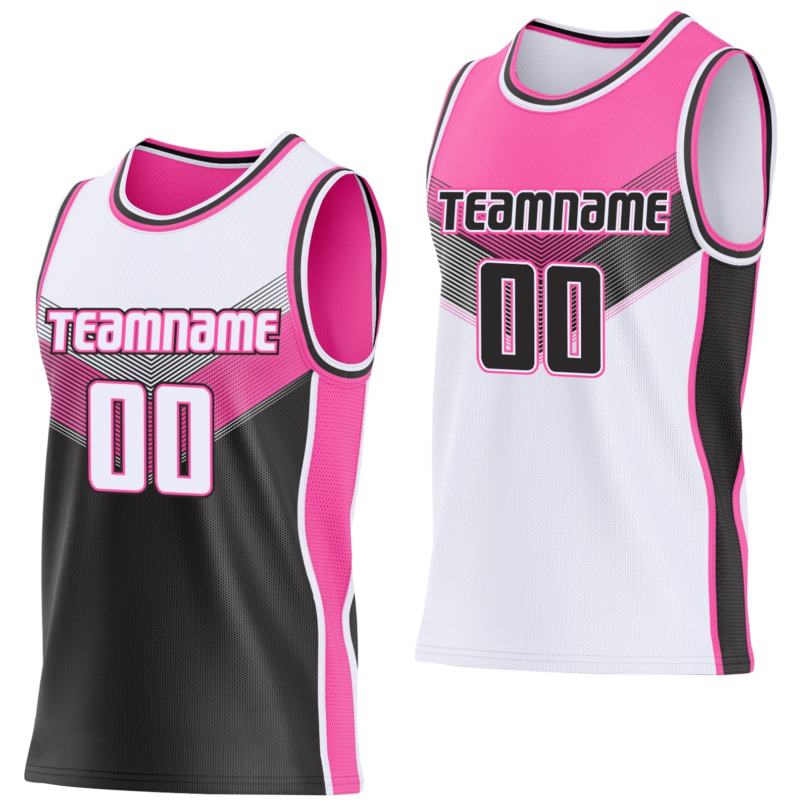 Custom White Black-Pink Side Panel Stripe Geometric V-Cut Color Block Reversible Double Side Sublimation Basketball Set Jersey - Main View
