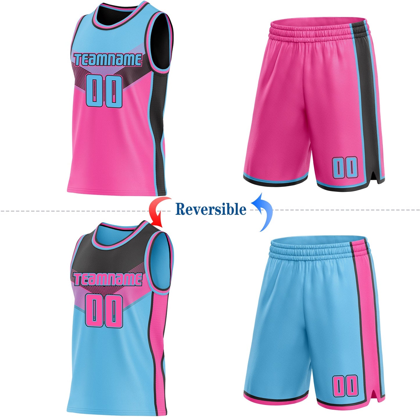 Custom Sky Blue Pink-Black Side Panel Stripe Geometric V-Cut Color Block Reversible Double Side Sublimation Basketball Set Jersey view 2