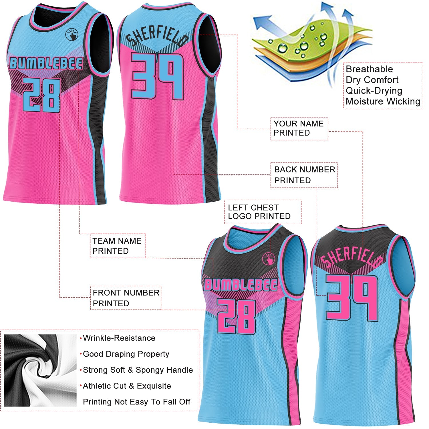 Custom Sky Blue Pink-Black Side Panel Stripe Geometric V-Cut Color Block Reversible Double Side Sublimation Basketball Set Jersey view 3
