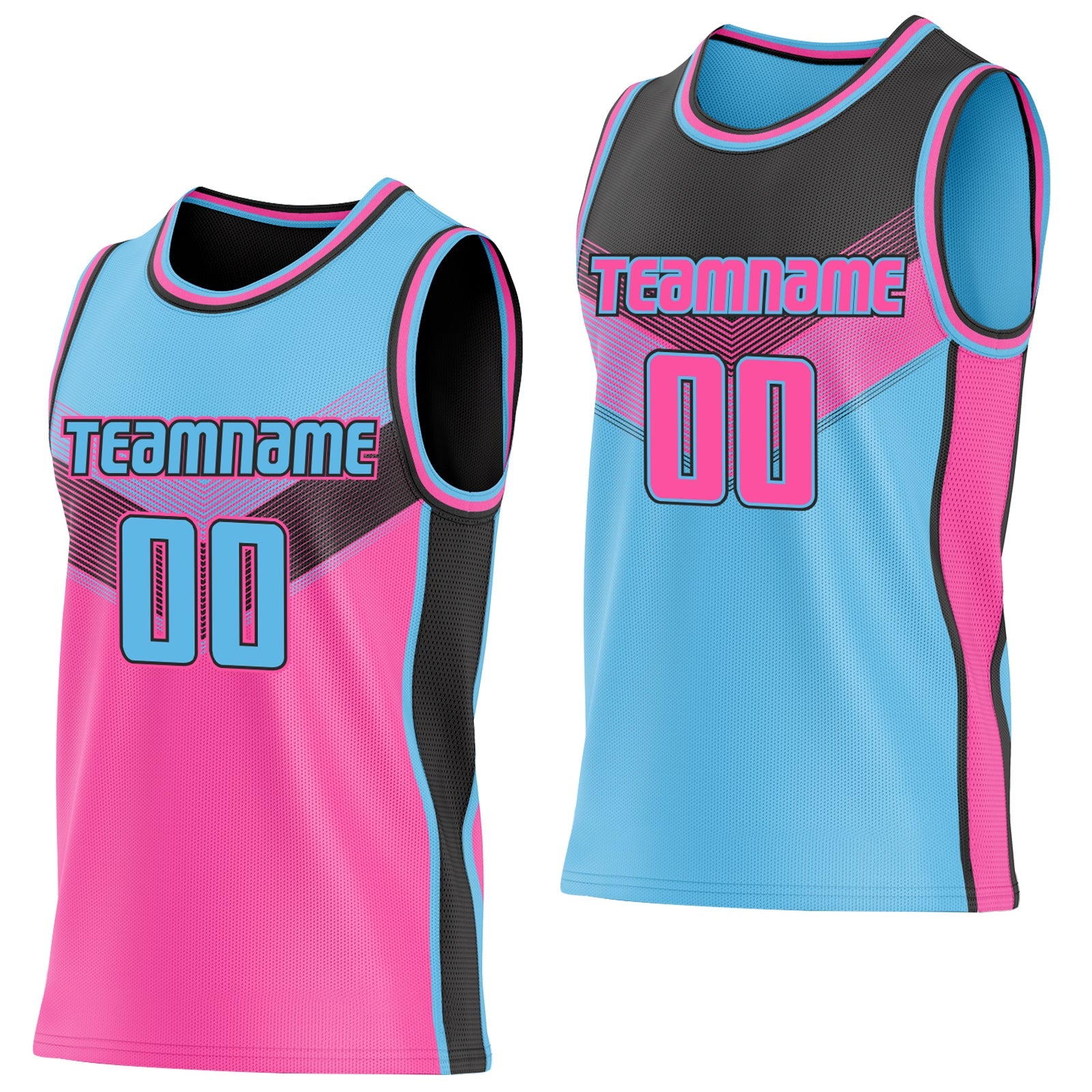 Custom Sky Blue Pink-Black Side Panel Stripe Geometric V-Cut Color Block Reversible Double Side Sublimation Basketball Set Jersey - Main View