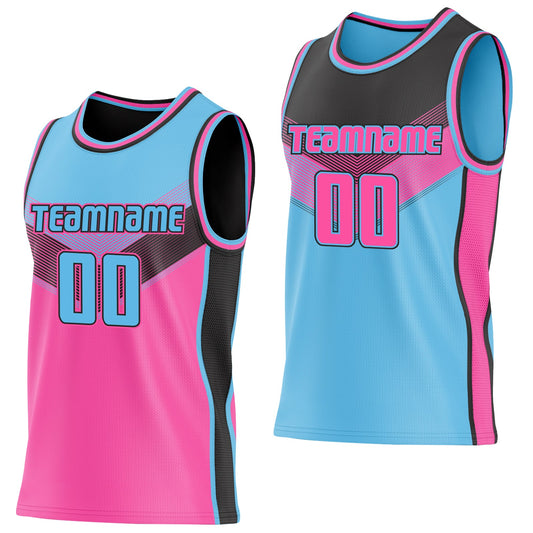 Custom Sky Blue Pink-Black Side Panel Stripe Geometric V-Cut Color Block Reversible Double Side Sublimation Basketball Set Jersey - Main View