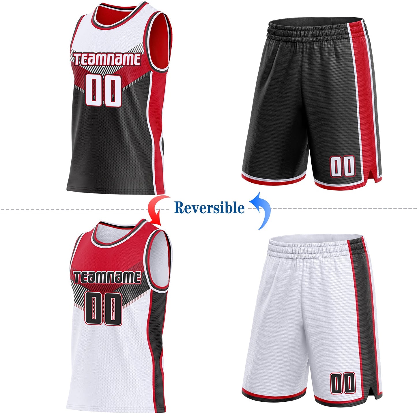 Custom White Black-Red Side Panel Stripe Geometric V-Cut Color Block Reversible Double Side Sublimation Basketball Set Jersey view 2