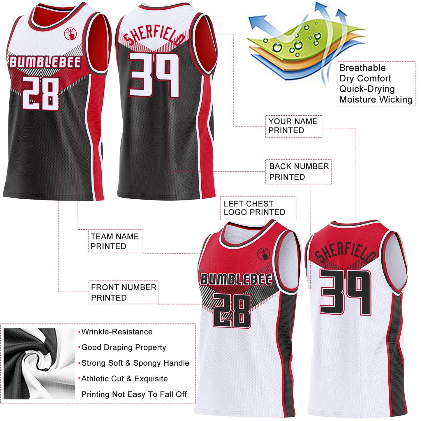 Custom White Black-Red Side Panel Stripe Geometric V-Cut Color Block Reversible Double Side Sublimation Basketball Set Jersey view 3