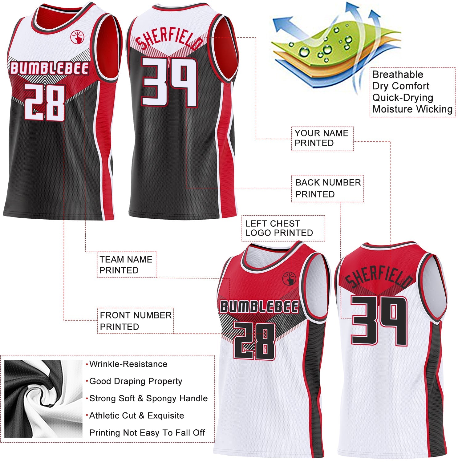 Custom White Black-Red Side Panel Stripe Geometric V-Cut Color Block Reversible Double Side Sublimation Basketball Set Jersey view 3