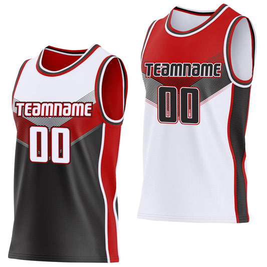 Custom White Black-Red Side Panel Stripe Geometric V-Cut Color Block Reversible Double Side Sublimation Basketball Set Jersey - Main View