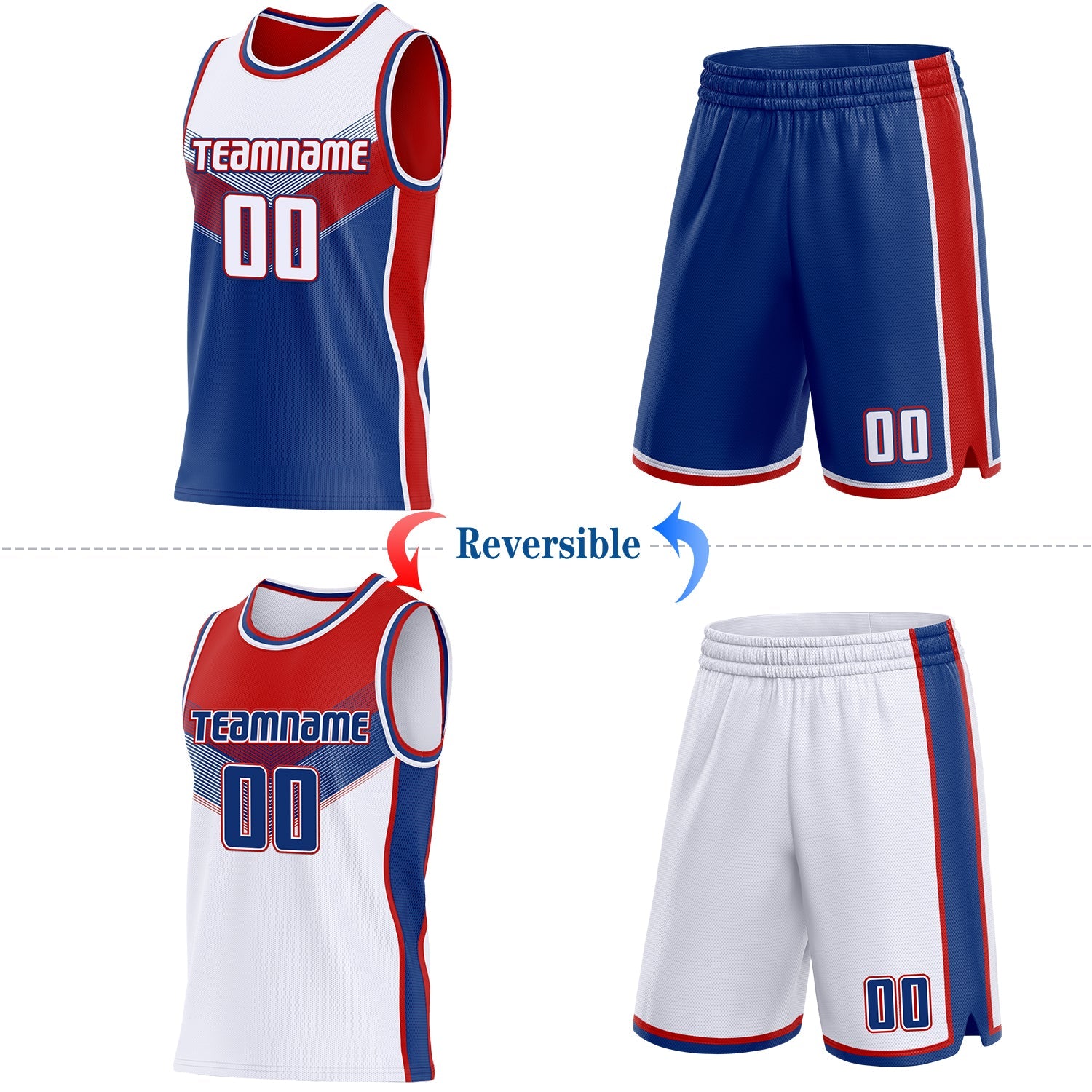 Custom White Royal-Red Side Panel Stripe Geometric V-Cut Color Block Reversible Double Side Sublimation Basketball Set Jersey view 2