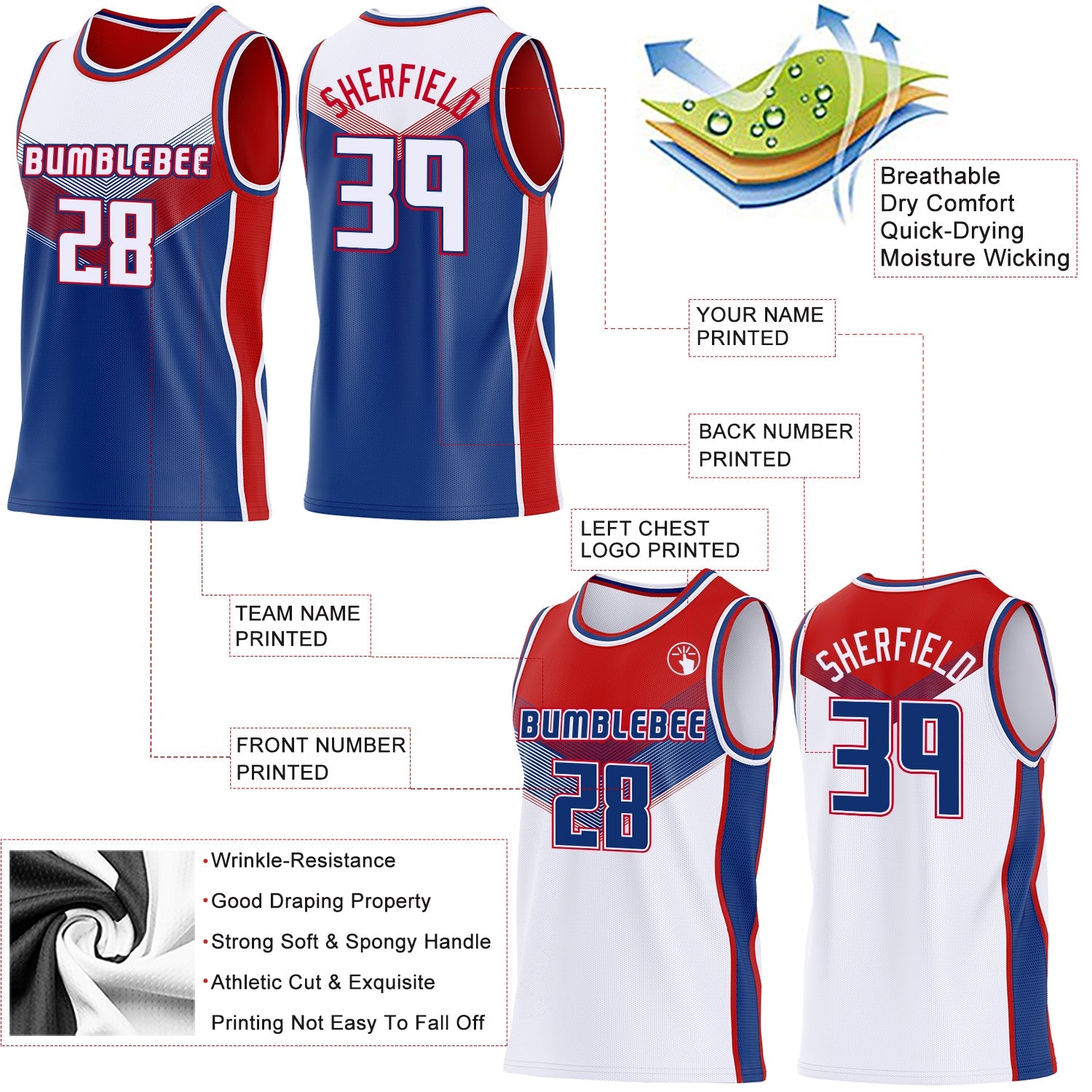 Custom White Royal-Red Side Panel Stripe Geometric V-Cut Color Block Reversible Double Side Sublimation Basketball Set Jersey view 3