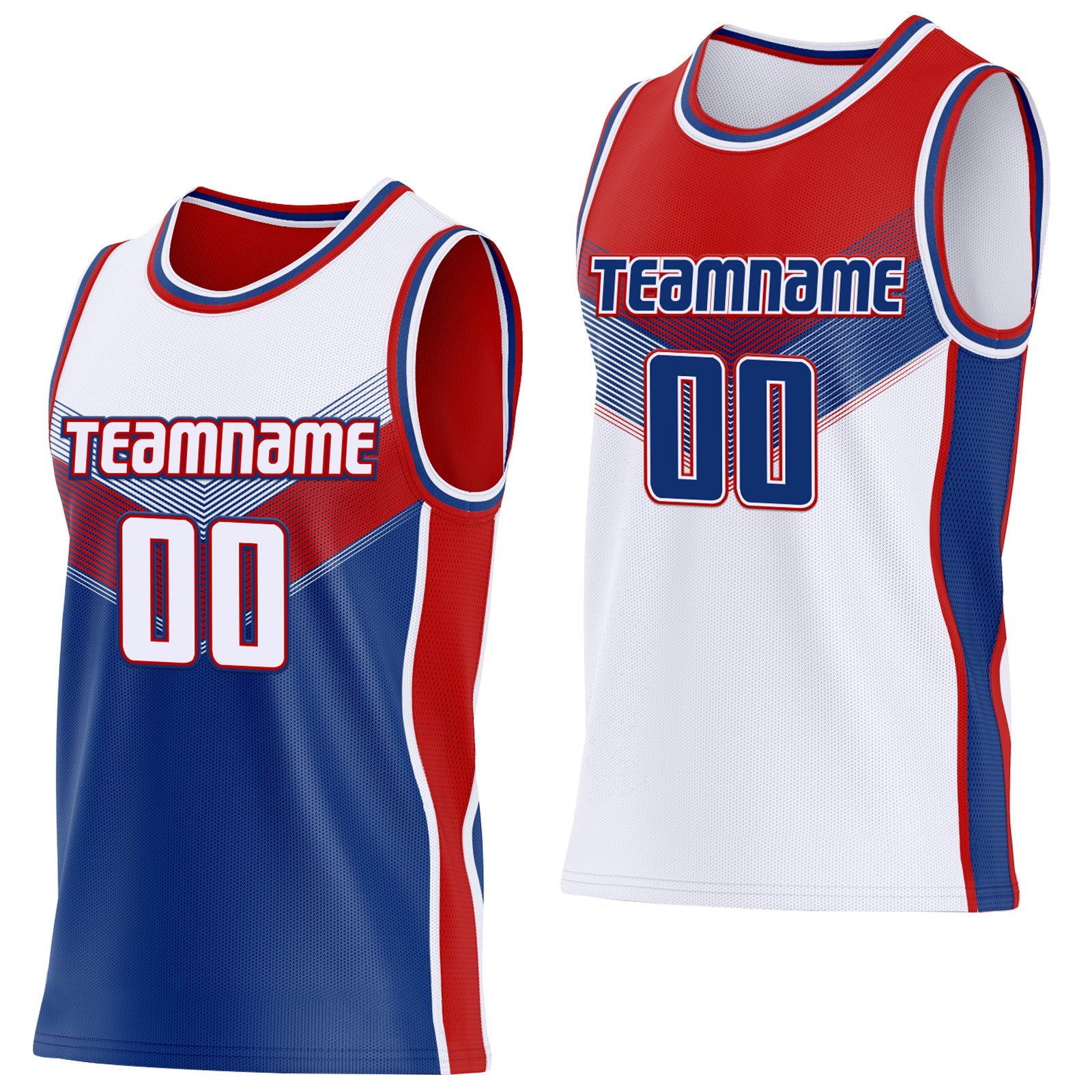 Custom White Royal-Red Side Panel Stripe Geometric V-Cut Color Block Reversible Double Side Sublimation Basketball Set Jersey - Main View