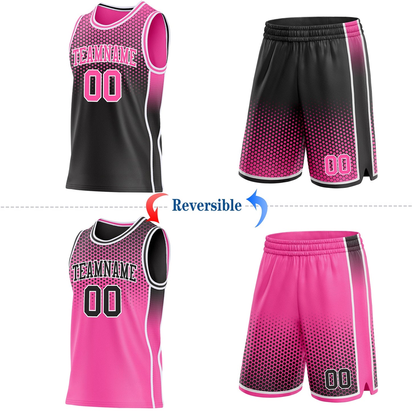 Custom Black Pink-White Side Panel Stripe Gradient Geometric Honeycomb Reversible Double Side Sublimation Basketball Set Jersey view 2