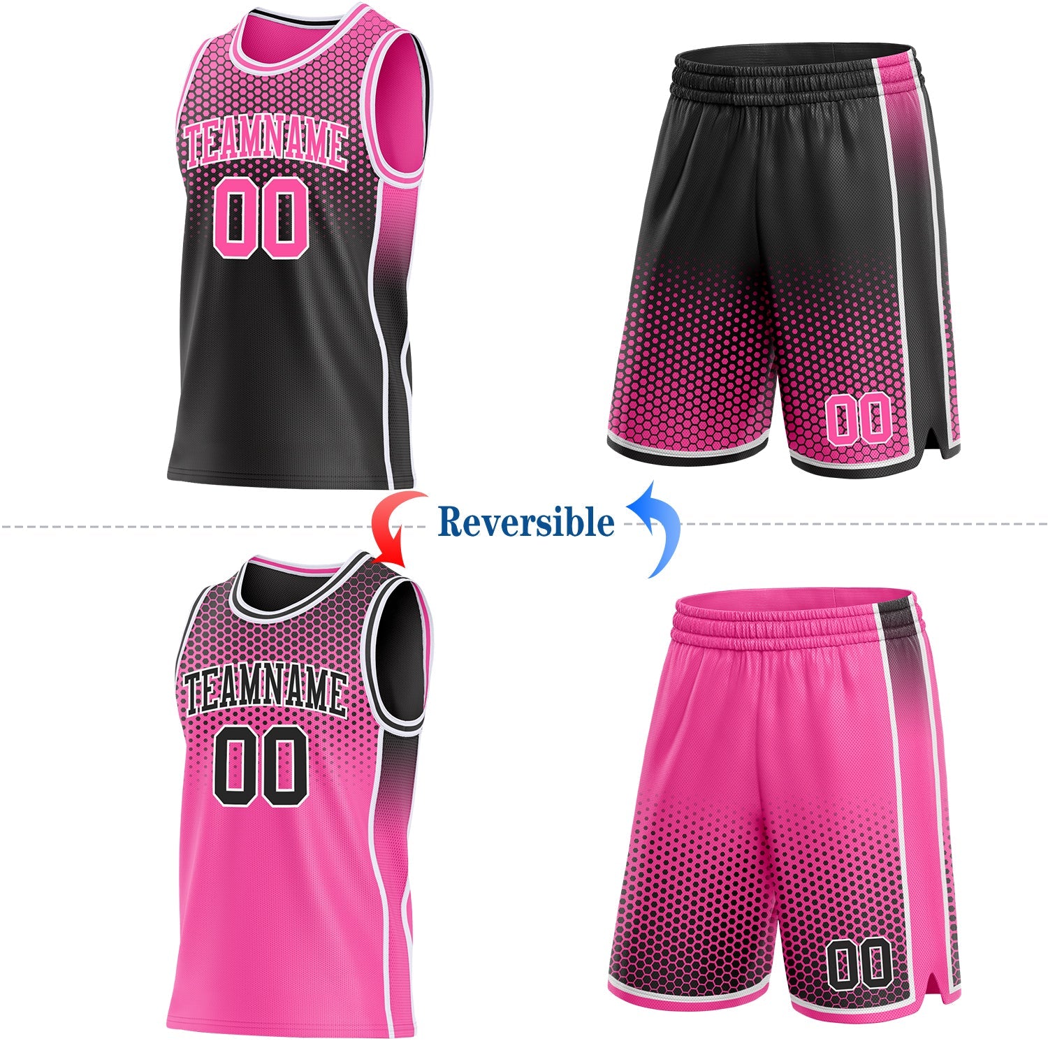 Custom Black Pink-White Side Panel Stripe Gradient Geometric Honeycomb Reversible Double Side Sublimation Basketball Set Jersey view 2