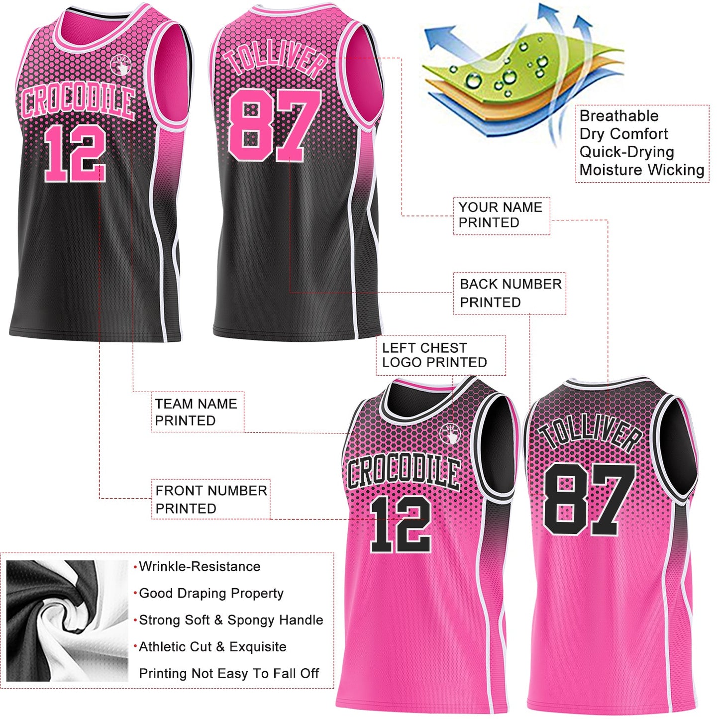 Custom Black Pink-White Side Panel Stripe Gradient Geometric Honeycomb Reversible Double Side Sublimation Basketball Set Jersey view 3