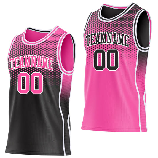 Custom Black Pink-White Side Panel Stripe Gradient Geometric Honeycomb Reversible Double Side Sublimation Basketball Set Jersey - Main View