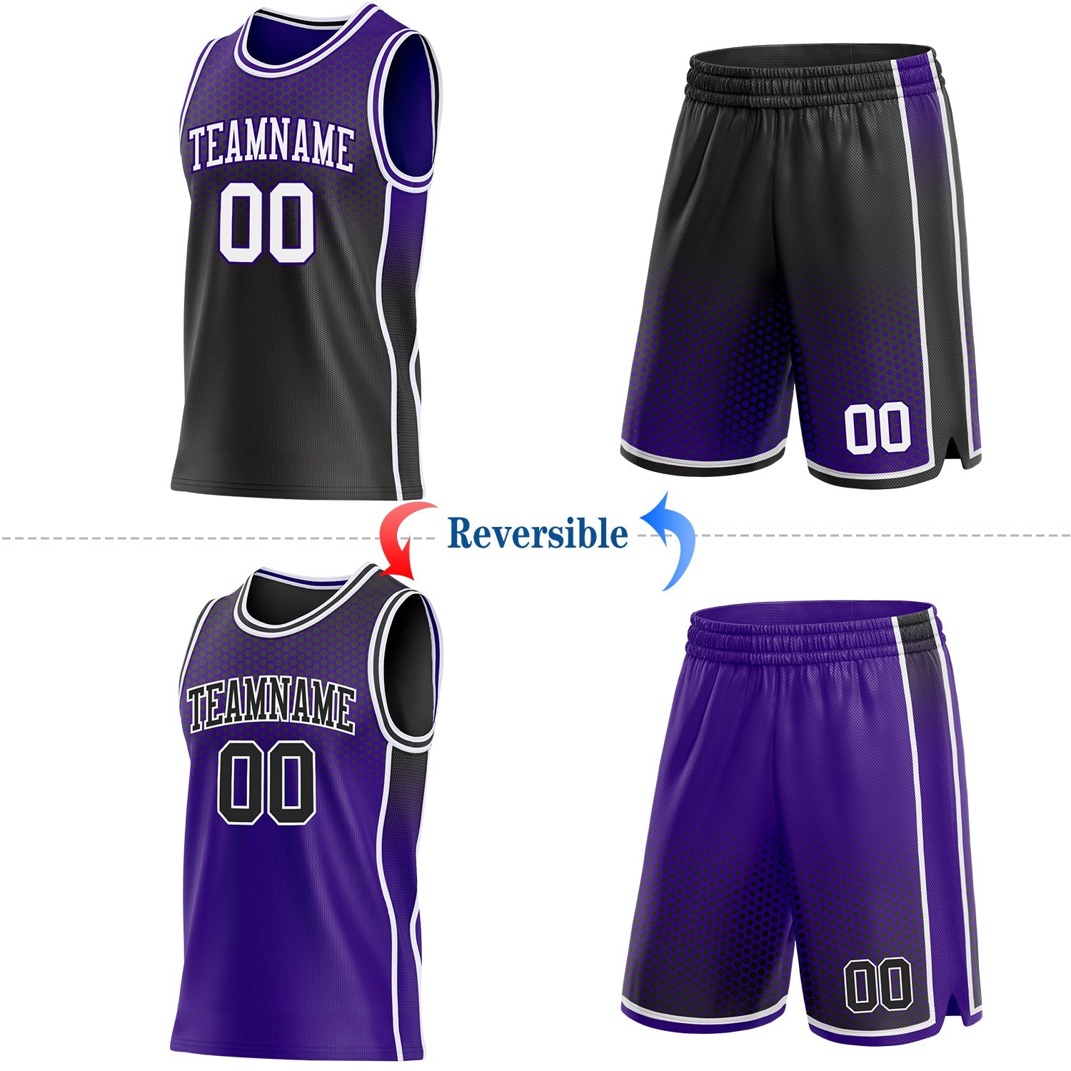 Custom Black White-Purple Side Panel Stripe Gradient Geometric Honeycomb Reversible Double Side Sublimation Basketball Set Jersey view 2