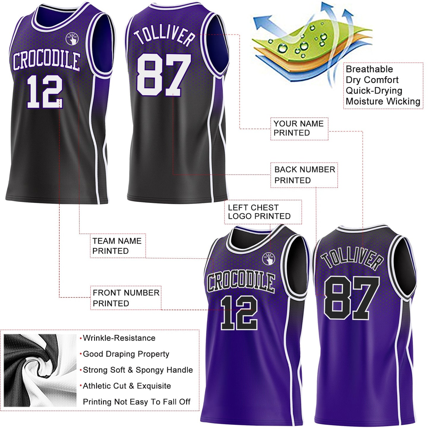 Custom Black White-Purple Side Panel Stripe Gradient Geometric Honeycomb Reversible Double Side Sublimation Basketball Set Jersey view 3
