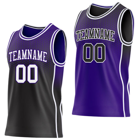 Custom Black White-Purple Side Panel Stripe Gradient Geometric Honeycomb Reversible Double Side Sublimation Basketball Set Jersey - Main View