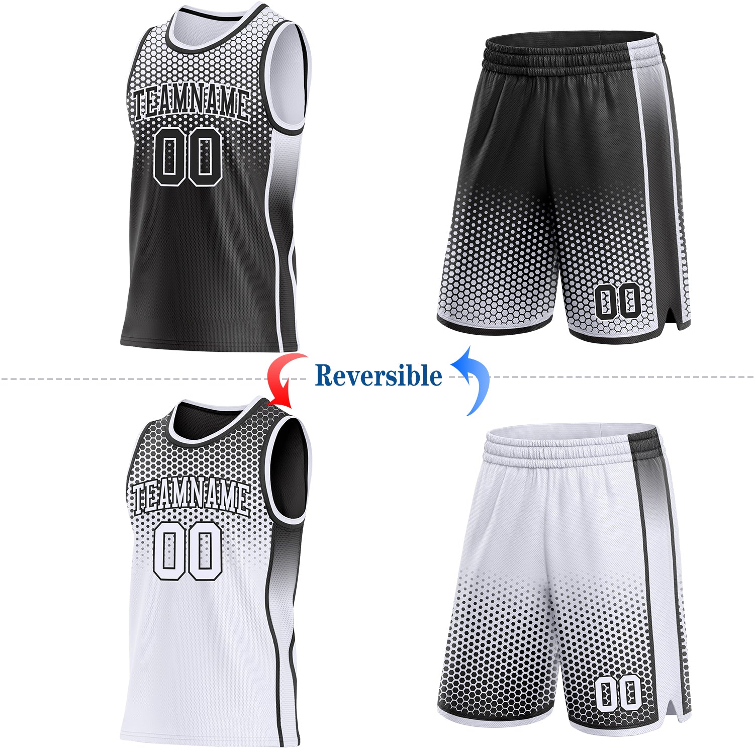 Custom Black-White Side Panel Stripe Gradient Geometric Honeycomb Reversible Double Side Sublimation Basketball Set Jersey view 2