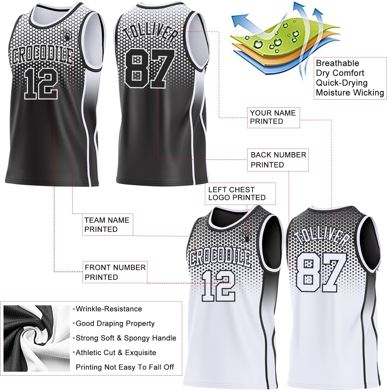 Custom Black-White Side Panel Stripe Gradient Geometric Honeycomb Reversible Double Side Sublimation Basketball Set Jersey view 3
