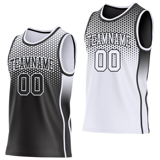 Custom Black-White Side Panel Stripe Gradient Geometric Honeycomb Reversible Double Side Sublimation Basketball Set Jersey - Main View