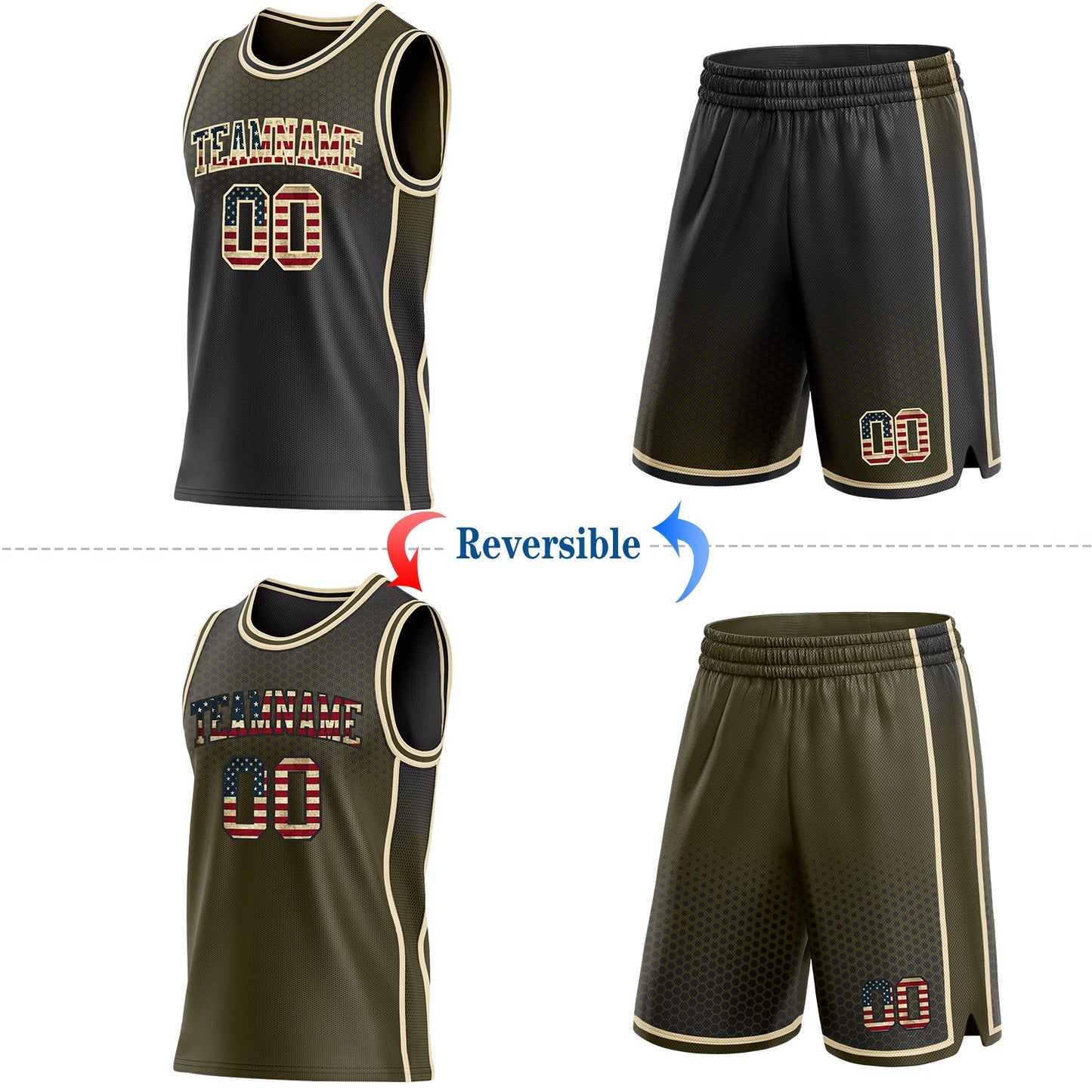 Custom Black Vintage USA Flag Olive-Cream Side Panel Stripe Gradient Geometric Honeycomb Reversible Double Side Sublimation Basketball Set Jersey view 2