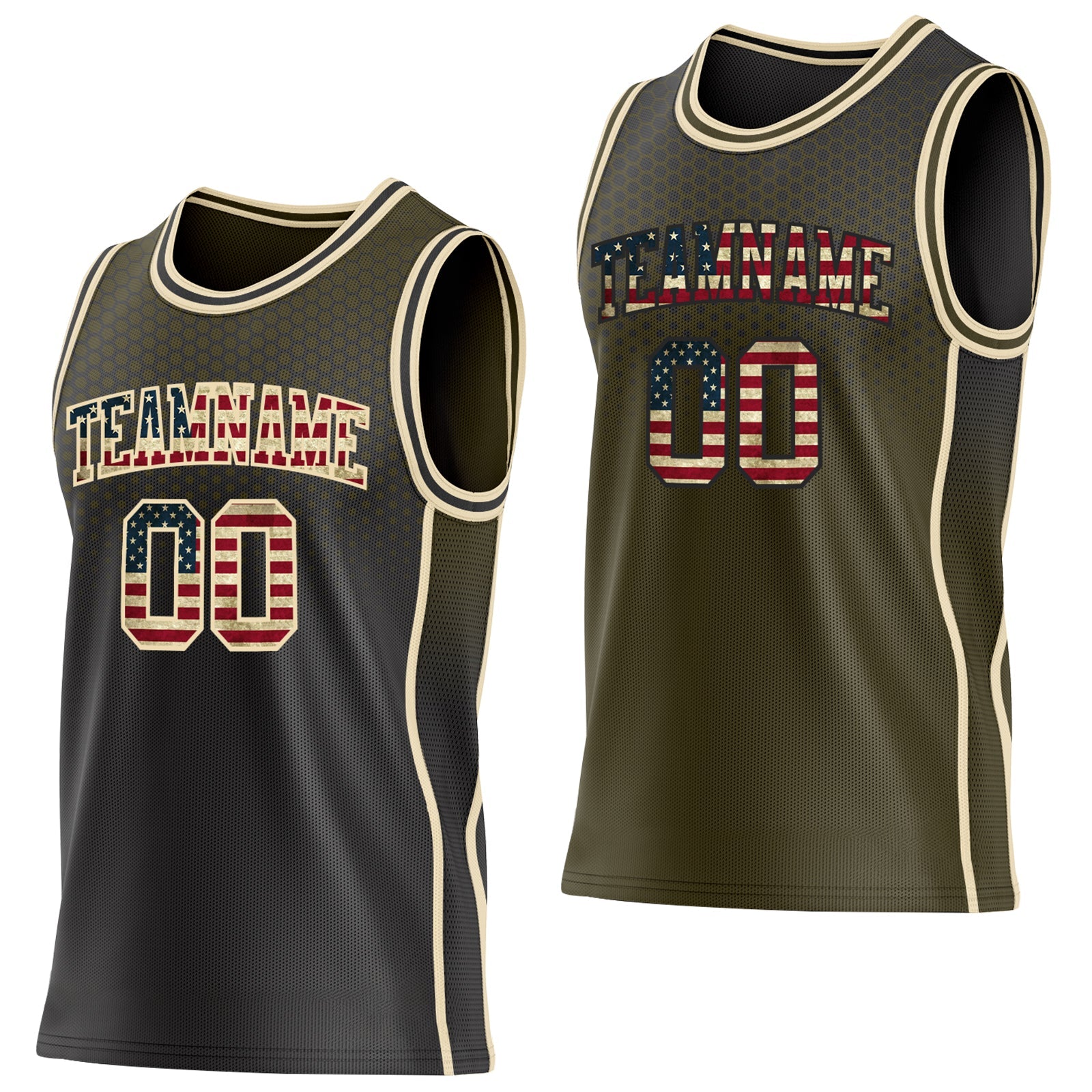 Custom Black Vintage USA Flag Olive-Cream Side Panel Stripe Gradient Geometric Honeycomb Reversible Double Side Sublimation Basketball Set Jersey - Main View