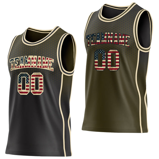 Custom Black Vintage USA Flag Olive-Cream Side Panel Stripe Gradient Geometric Honeycomb Reversible Double Side Sublimation Basketball Set Jersey - Main View