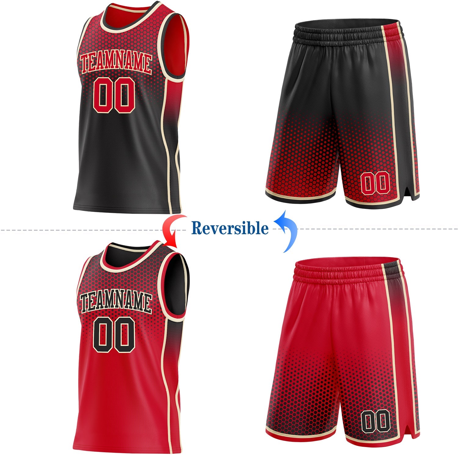 Custom Black Red-Cream Side Panel Stripe Gradient Geometric Honeycomb Reversible Double Side Sublimation Basketball Set Jersey view 2