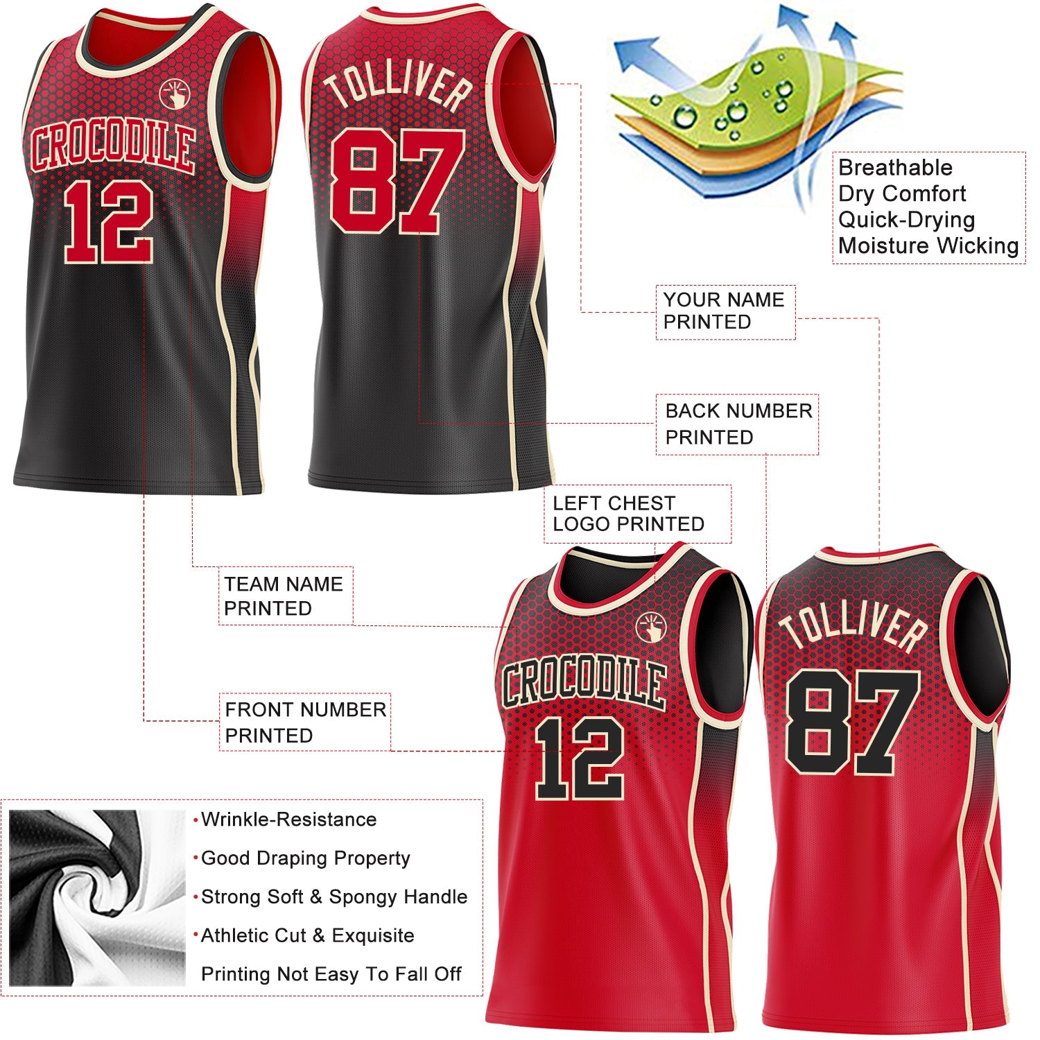 Custom Black Red-Cream Side Panel Stripe Gradient Geometric Honeycomb Reversible Double Side Sublimation Basketball Set Jersey view 3