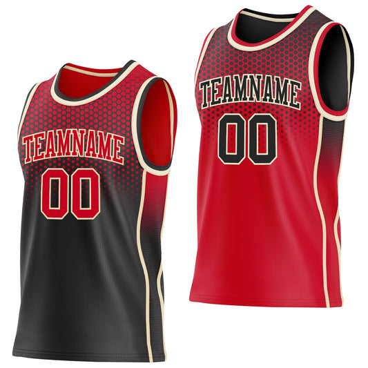 Custom Black Red-Cream Side Panel Stripe Gradient Geometric Honeycomb Reversible Double Side Sublimation Basketball Set Jersey - Main View
