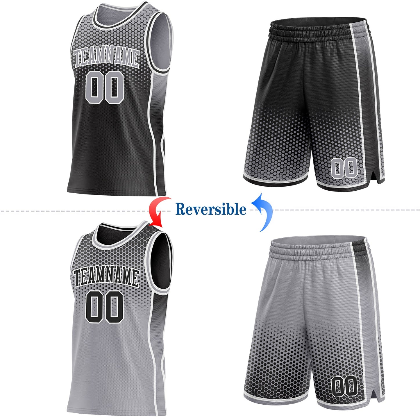 Custom Black Gray-White Side Panel Stripe Gradient Geometric Honeycomb Reversible Double Side Sublimation Basketball Set Jersey view 2