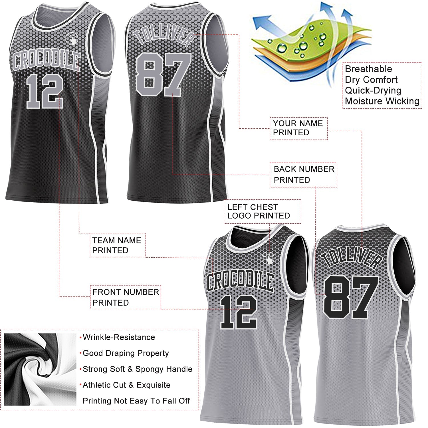 Custom Black Gray-White Side Panel Stripe Gradient Geometric Honeycomb Reversible Double Side Sublimation Basketball Set Jersey view 3