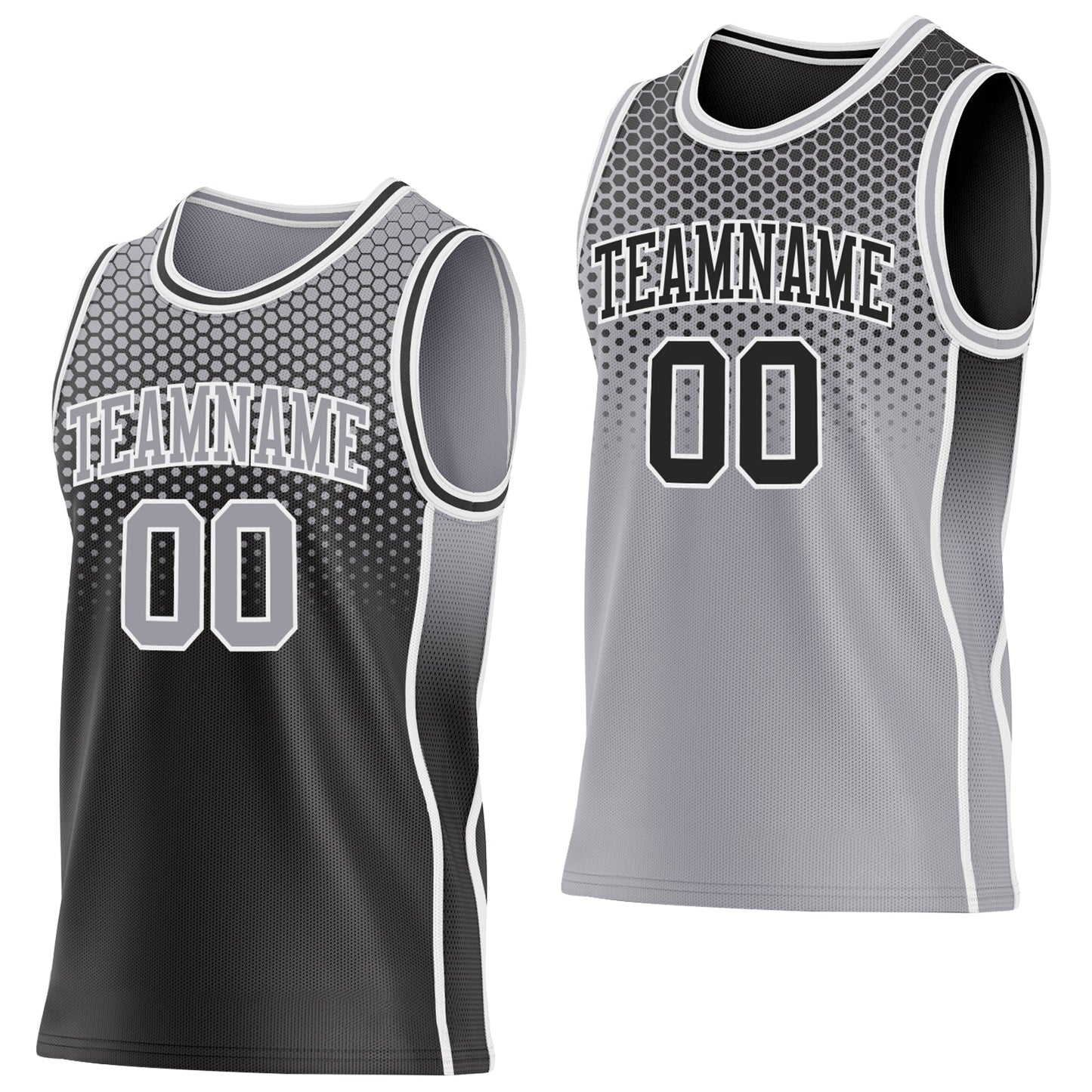Custom Black Gray-White Side Panel Stripe Gradient Geometric Honeycomb Reversible Double Side Sublimation Basketball Set Jersey - Main View