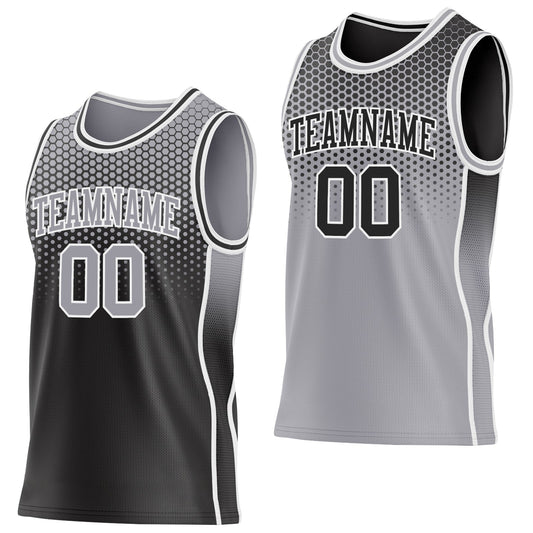 Custom Black Gray-White Side Panel Stripe Gradient Geometric Honeycomb Reversible Double Side Sublimation Basketball Set Jersey - Main View