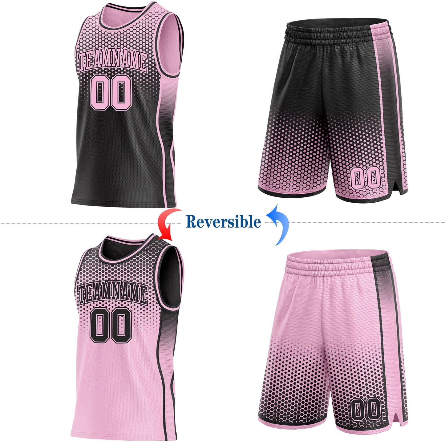 Custom Black-Light Pink Side Panel Stripe Gradient Geometric Honeycomb Reversible Double Side Sublimation Basketball Set Jersey view 2