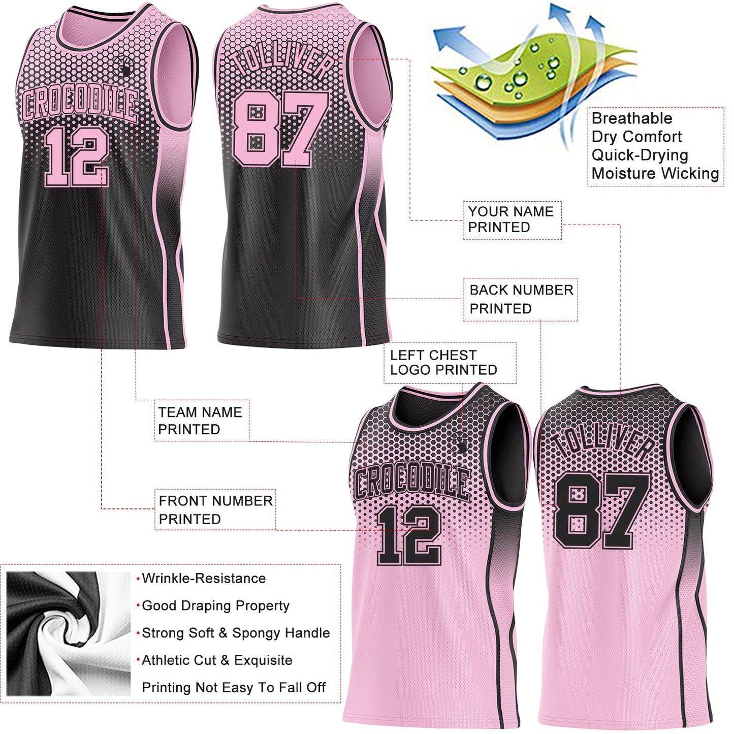 Custom Black-Light Pink Side Panel Stripe Gradient Geometric Honeycomb Reversible Double Side Sublimation Basketball Set Jersey view 3