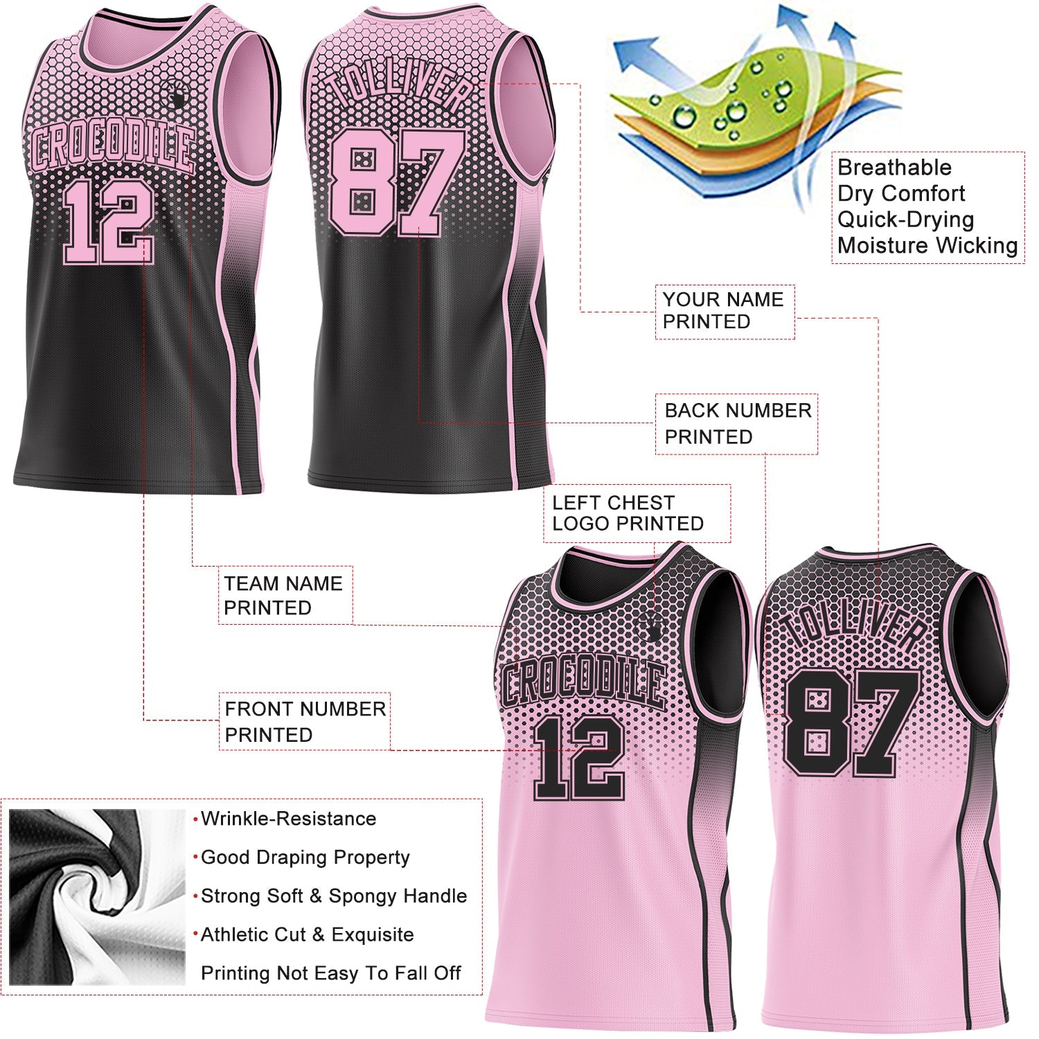 Custom Black-Light Pink Side Panel Stripe Gradient Geometric Honeycomb Reversible Double Side Sublimation Basketball Set Jersey view 3