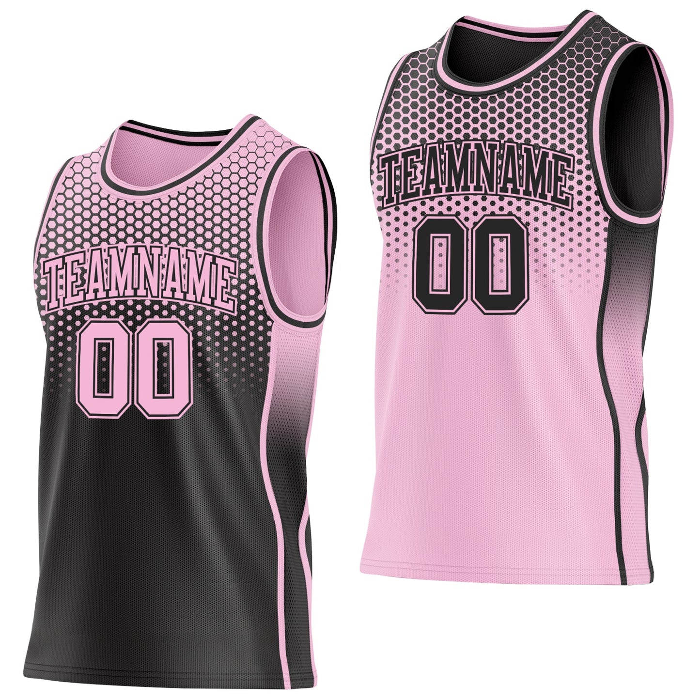 Custom Black-Light Pink Side Panel Stripe Gradient Geometric Honeycomb Reversible Double Side Sublimation Basketball Set Jersey - Main View