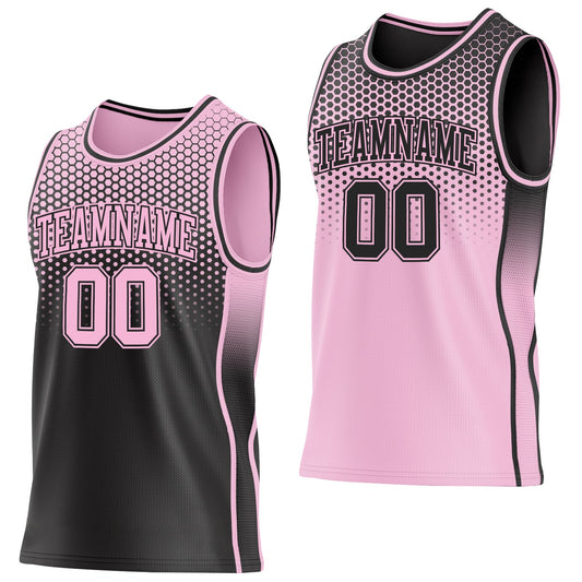 Custom Black-Light Pink Side Panel Stripe Gradient Geometric Honeycomb Reversible Double Side Sublimation Basketball Set Jersey - Main View