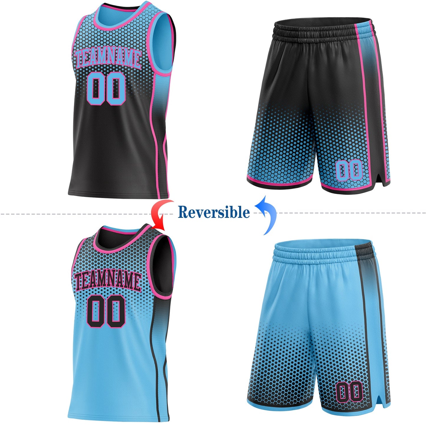 Custom Black Sky Blue-Pink Side Panel Stripe Gradient Geometric Honeycomb Reversible Double Side Sublimation Basketball Set Jersey view 2
