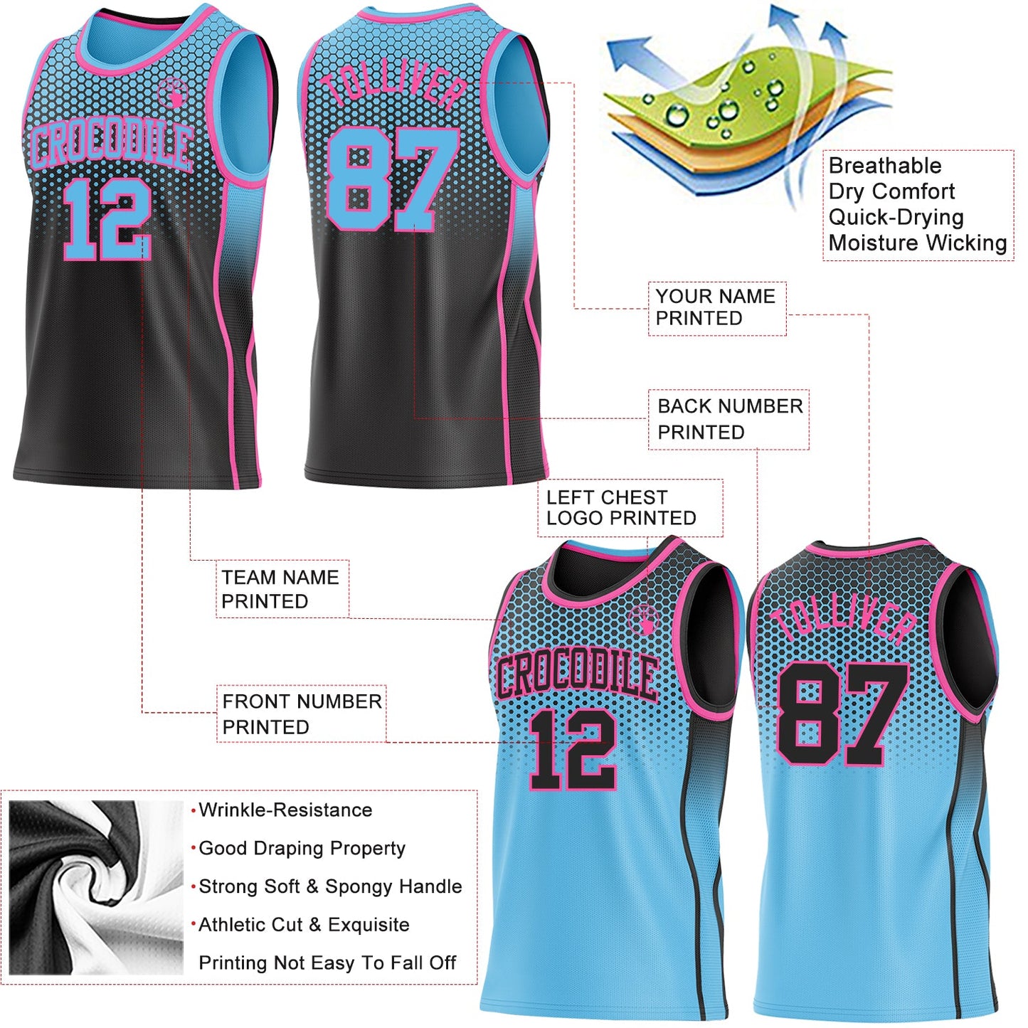 Custom Black Sky Blue-Pink Side Panel Stripe Gradient Geometric Honeycomb Reversible Double Side Sublimation Basketball Set Jersey view 3