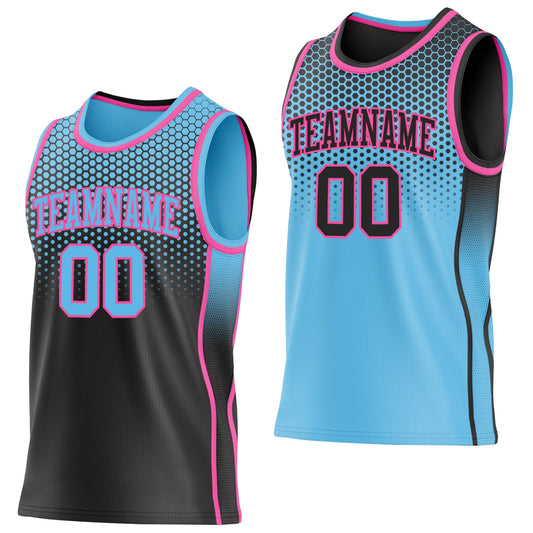 Custom Black Sky Blue-Pink Side Panel Stripe Gradient Geometric Honeycomb Reversible Double Side Sublimation Basketball Set Jersey - Main View