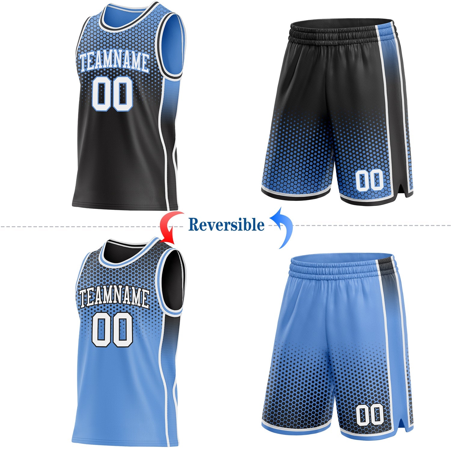 Custom Black White-Light Blue Side Panel Stripe Gradient Geometric Honeycomb Reversible Double Side Sublimation Basketball Set Jersey view 2